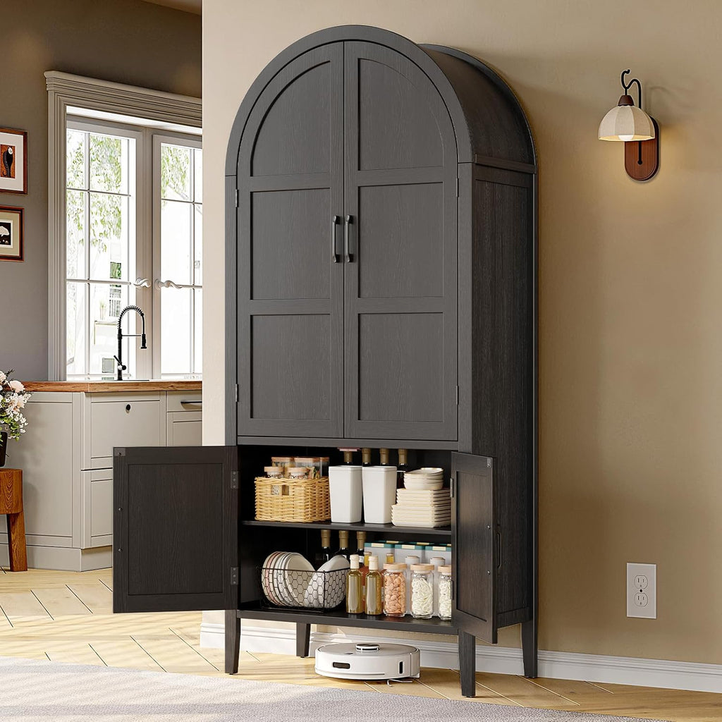 ONBRILL 71' Tall Wooden Arched Cabinet, 5-Tier Arched Kitchen Pantry Cabinet with Doors & Shelves, Farmhouse Kitchen Arch Cabinets with Adjustable Feet, Wooden Pantry Storage for Dining Room(Black)