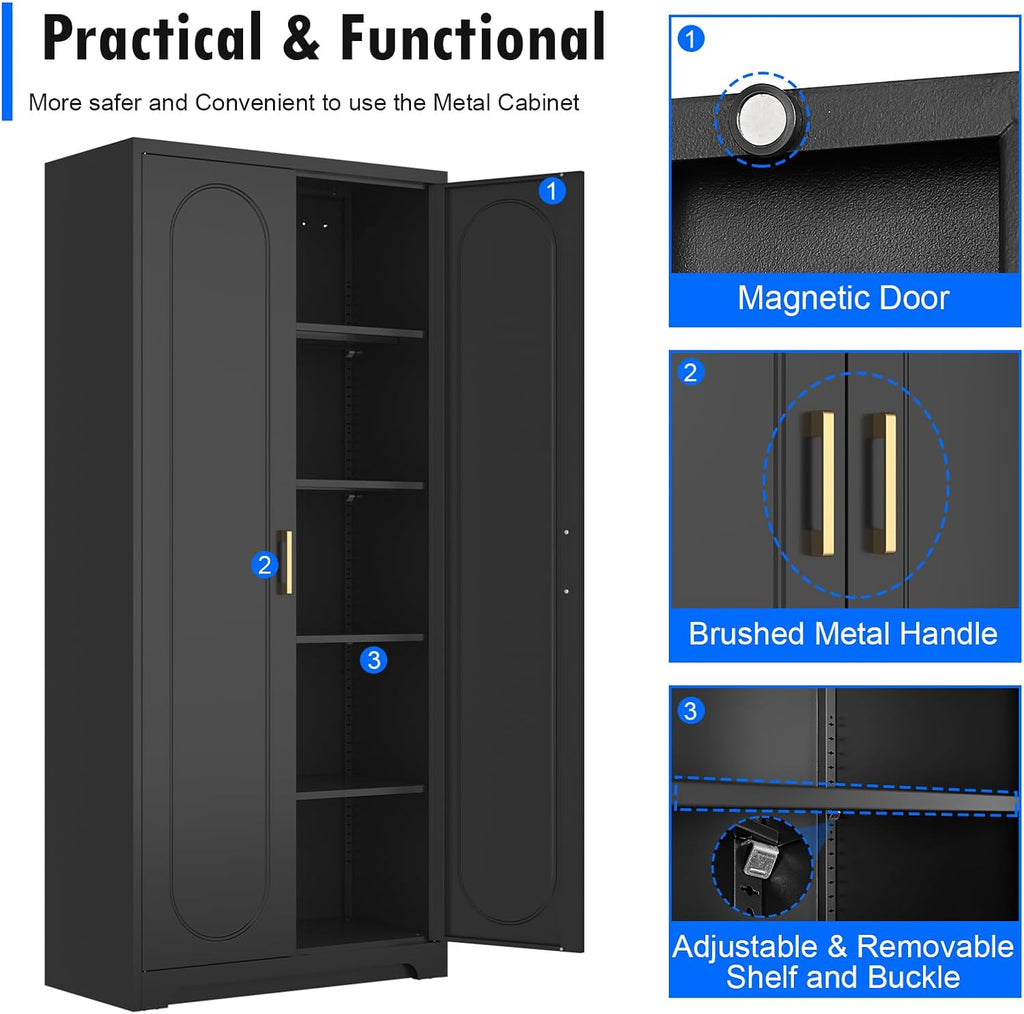 Polup 71' Tall Kitchen Pantry Cabinet, Pantry Storage Cabinet with Doors and Shelves, Metal Food Pantry Cabinets with Handles, Black Freestanding Cupboard for Living&Dining Room-Assemble Required