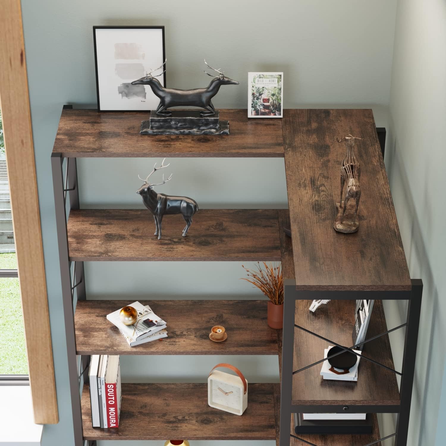Corner Bookshelf 6-Tier, Tall Book Shelf L-Shaped, Large Etagere Bookcase Industrial Style with Metal Frame for Home Office Shelves