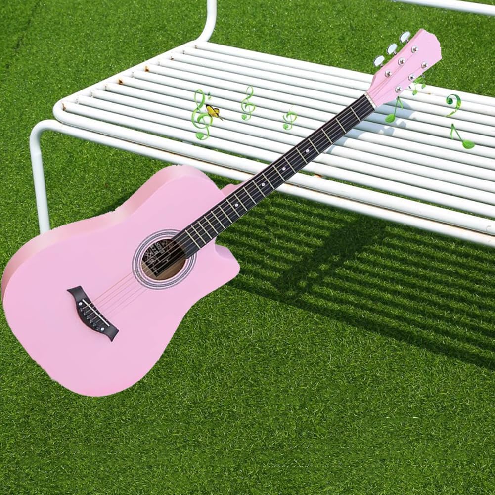 38Inch/40Inch/41Inch Acoustic Guitar Set, Linden Wood Top Mahogany Compact Travel Guitar, Body Balanced Rich Tone for Beginners Adults,Pink,41in