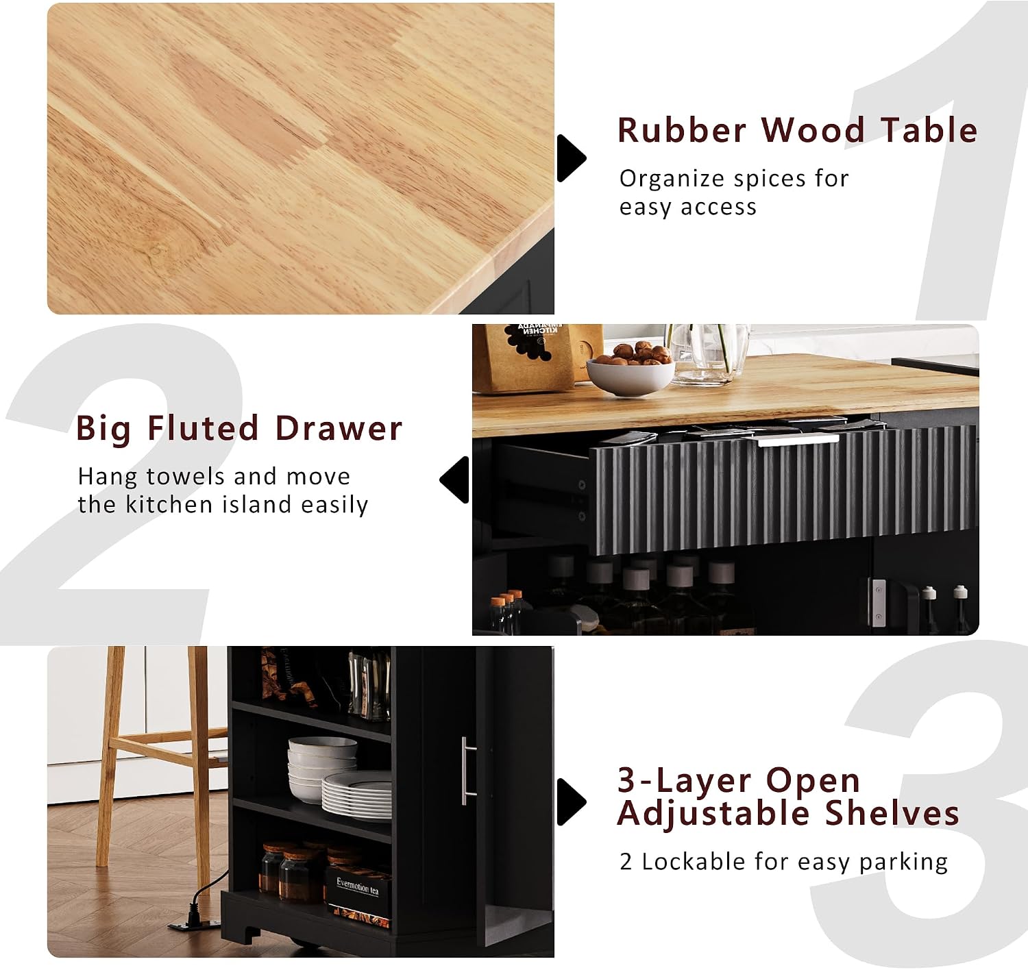 Fluted Rolling Kitchen Island Cart on 5 Wheels with Trash Can Storage Cabinet, Power Outlet, 3 Drawer, 3 Open Side Racks, 10 Gallon Garbage Bin for Kitchen, Dining Room, Black