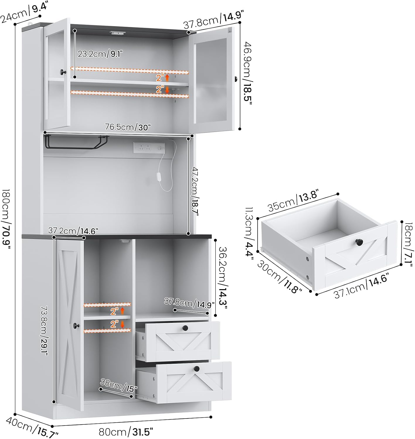 71' Tall Coffee Bar Cabinet with Storage Hutch, Farmhouse Kitchen Pantry Cabinet with LED Lights Microwave Stand and Glass Holder for Home Dining Room Kitchen,White