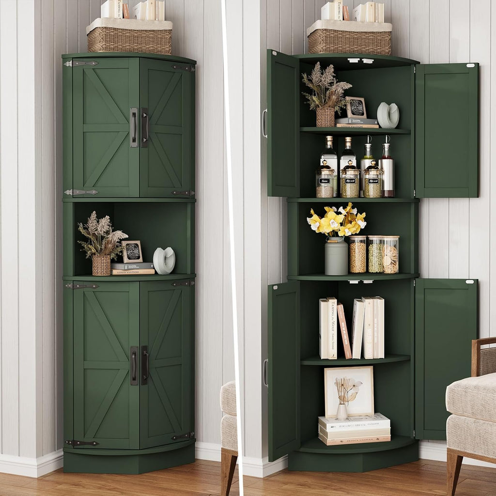 Vabches 64.8' Tall Farmhouse Corner Cabinet with 4 Doors and 5 Storage Shelves, Farmhouse Storage Cabinet with Barn Door Design, Home Space Saver for Living Room, Kitchen, Laundry Room,Green