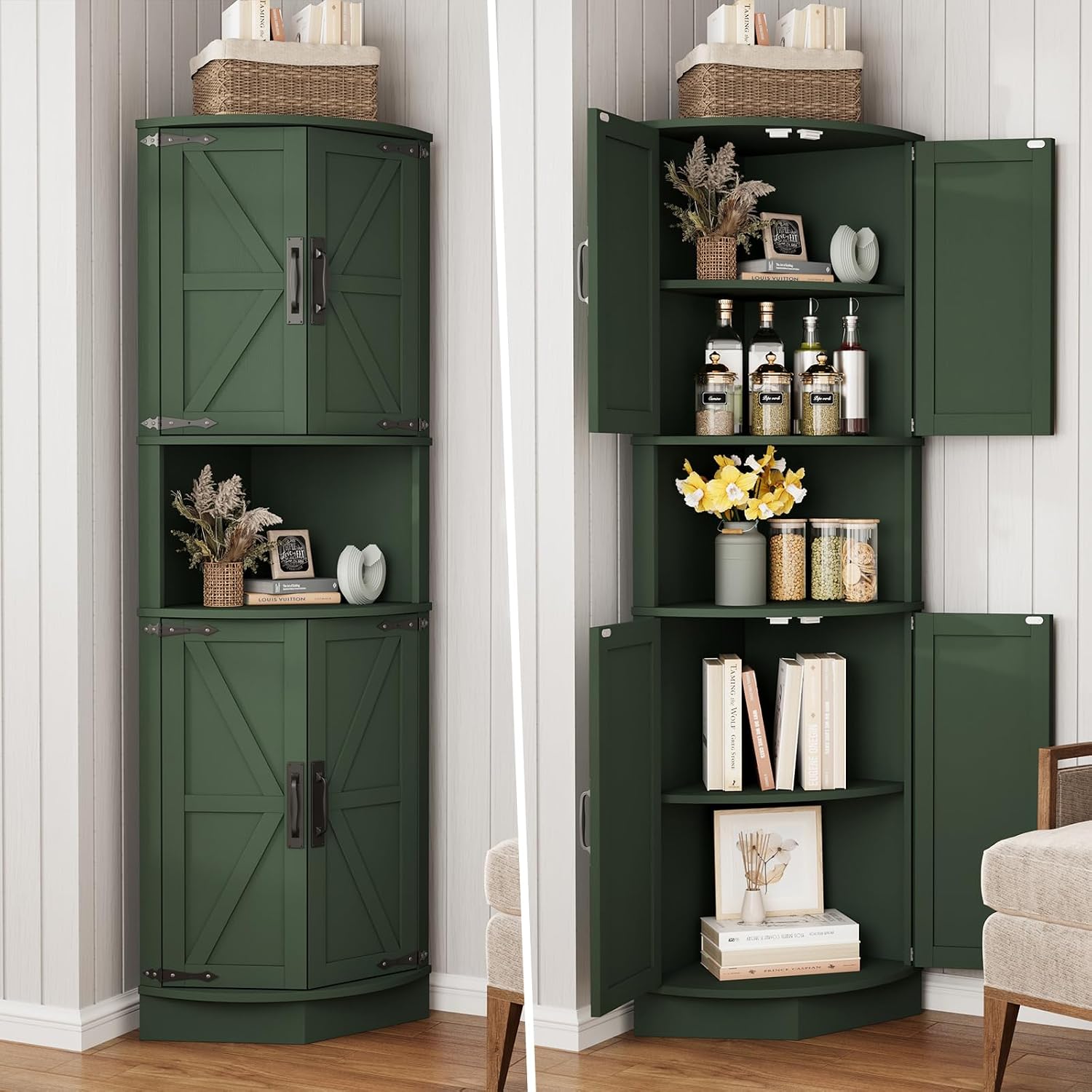 Vabches 64.8' Tall Farmhouse Corner Cabinet with 4 Doors and 5 Storage Shelves, Farmhouse Storage Cabinet with Barn Door Design, Home Space Saver for Living Room, Kitchen, Laundry Room,Green