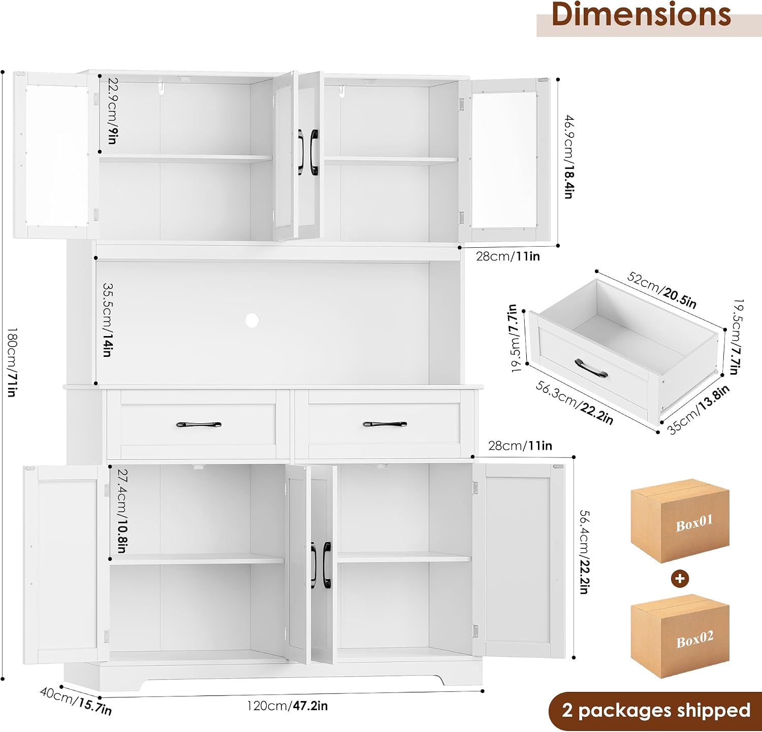BOTLOG Pantry Storage Cabinet with Microwave Stand, 71' Tall Kitchen Hutch, Large White Pantry Cabinet with Glass Doors for Dining Room