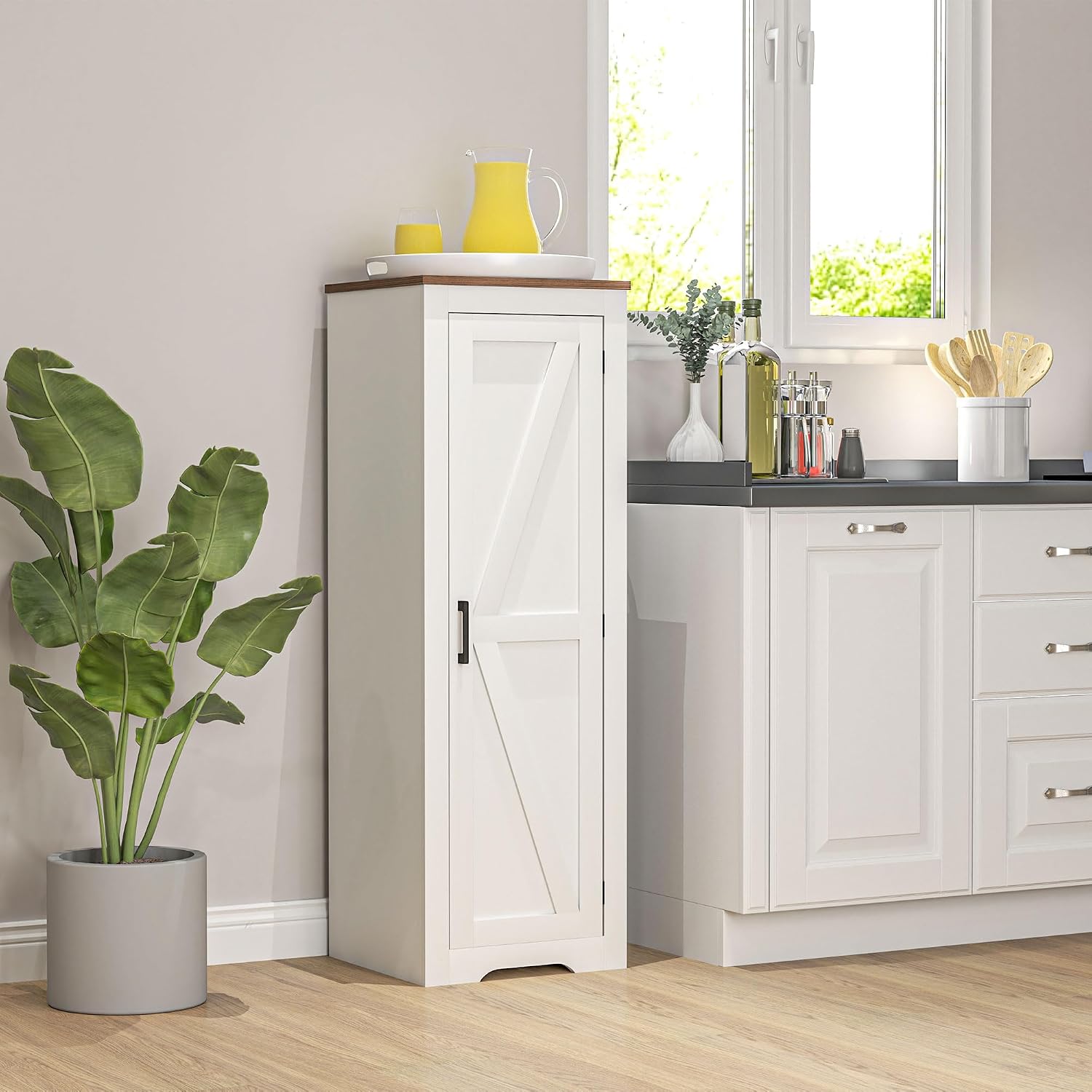 HOMCOM Farmhouse Storage Cabinet with Adjustable Shelf, Single Barn Door Small Bathroom Storage Cabinet for Living Room, Floor Pantry Cabinet, White