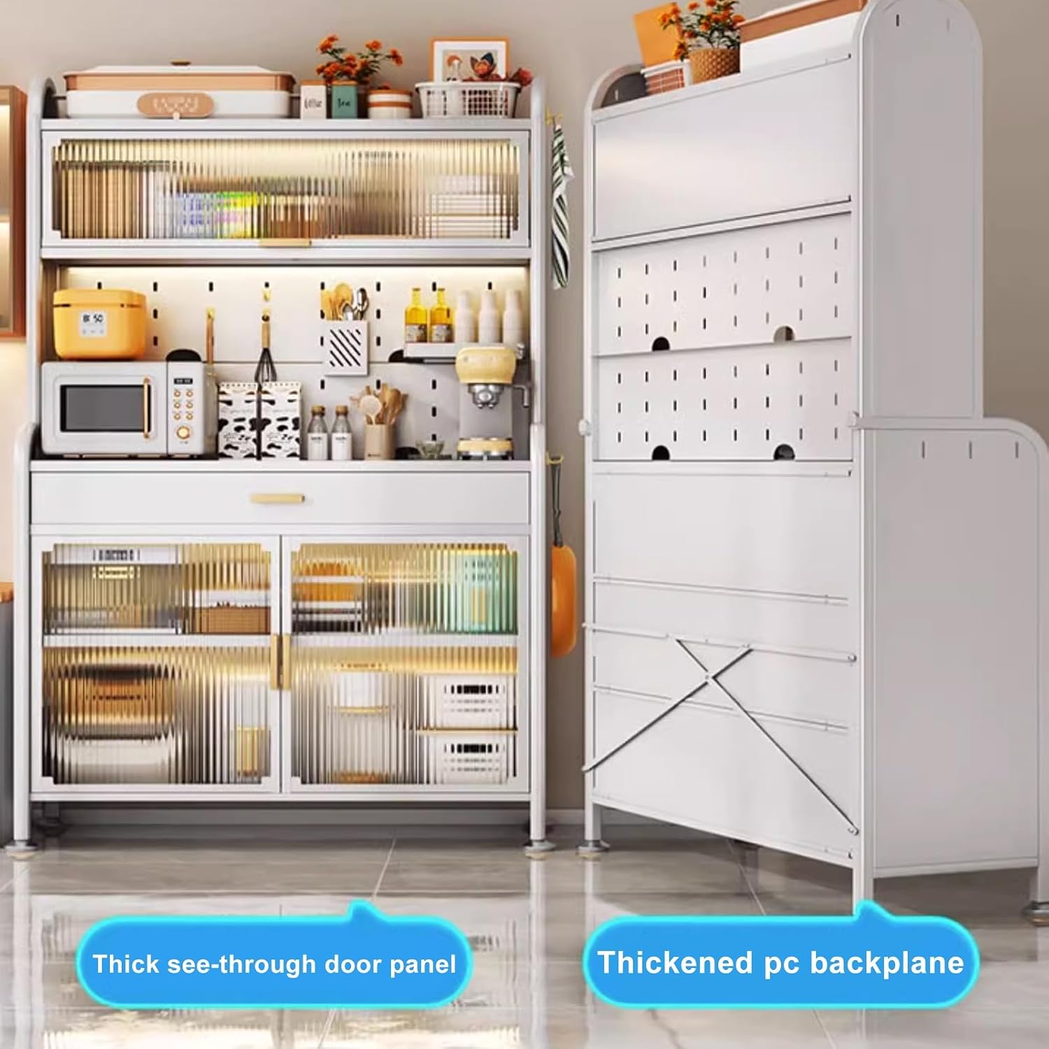 Microwave Storage Stand,5 -Tier Bakers Racks for Kitchens, Bakers Rack with Drawers, Large Metal Coffee Bar Cabinet - with Transparent Flip Switch Door Design,DIY backplane Creative, 4 Hook