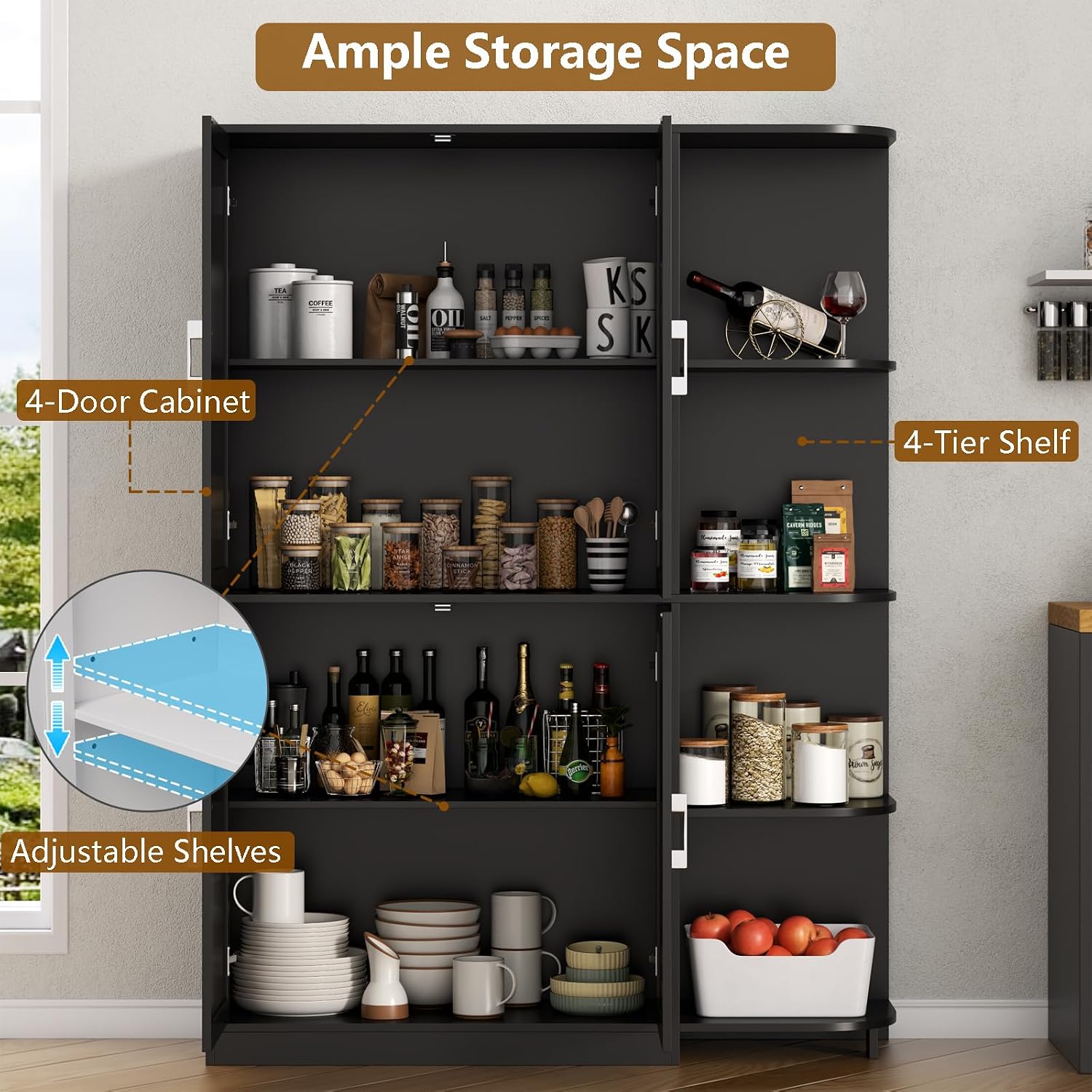 Loomie Kitchen Pantry Storage Cabinet, 64' Tall Freestanding Cupboard with Doors & Adjustable Shelves, Food Pantry Cabinet with 5-Tier External Shelf for Dining Room (Black)