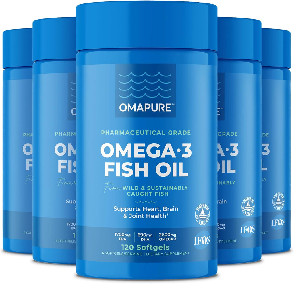 OMAPURE Fish Oil Omega 3 Supplements - Triple Strength - High EPA, DHA - IFOS Lab Tested - Supports Heart & Brain Health - Burpless Capsules - Wild Caught - (5 Bottles - 120 Softgels Per Bottle)