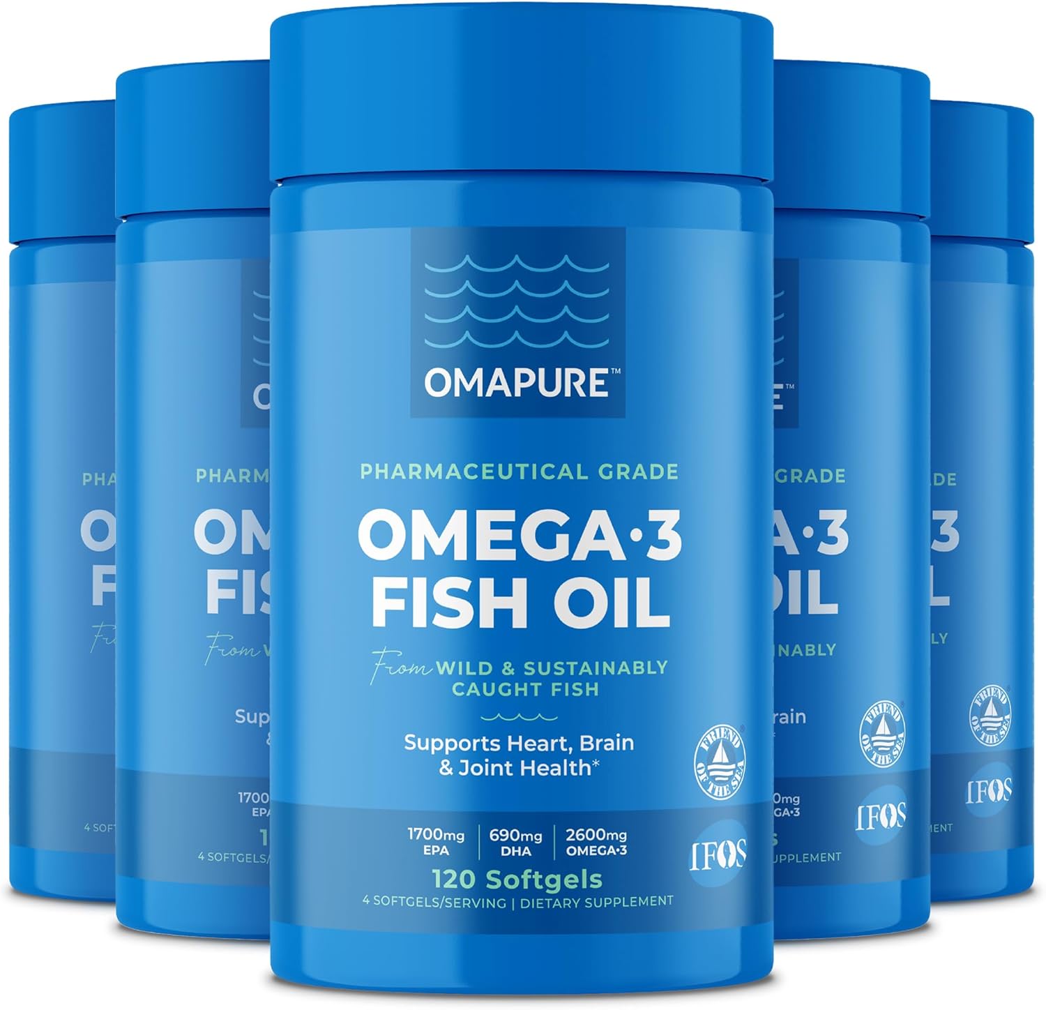 OMAPURE Fish Oil Omega 3 Supplements - Triple Strength - High EPA, DHA - IFOS Lab Tested - Supports Heart & Brain Health - Burpless Capsules - Wild Caught - (5 Bottles - 120 Softgels Per Bottle)