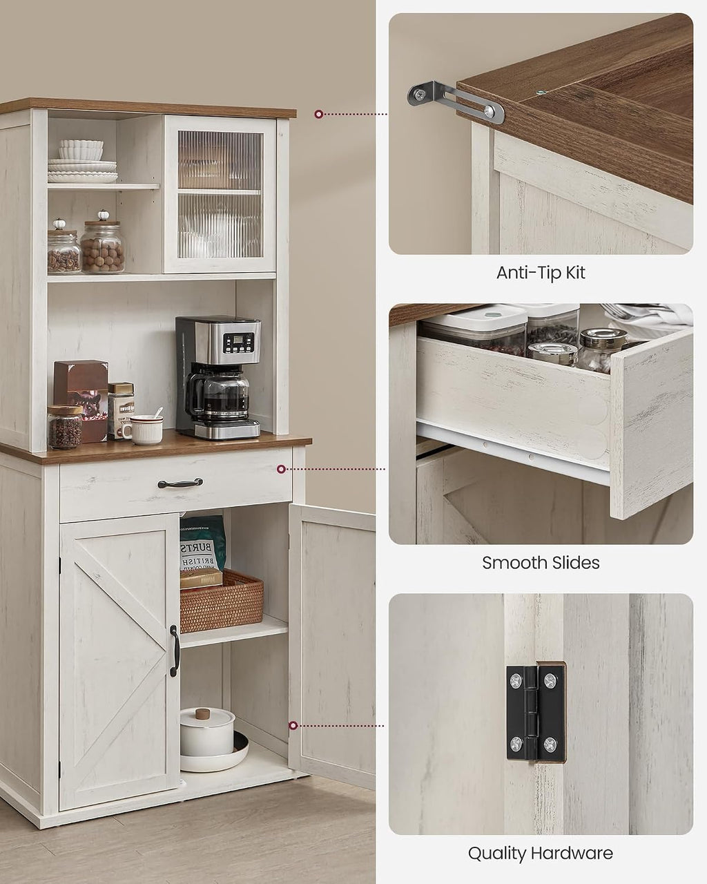 VASAGLE LIRY Collection - 71-Inch Tall Kitchen Pantry Cabinet with Lights and Charging Station, Coffee Bar Cabinet with Doors and Drawer, Farmhouse Style, Adjustable Shelves, Rustic White UBBK363W12