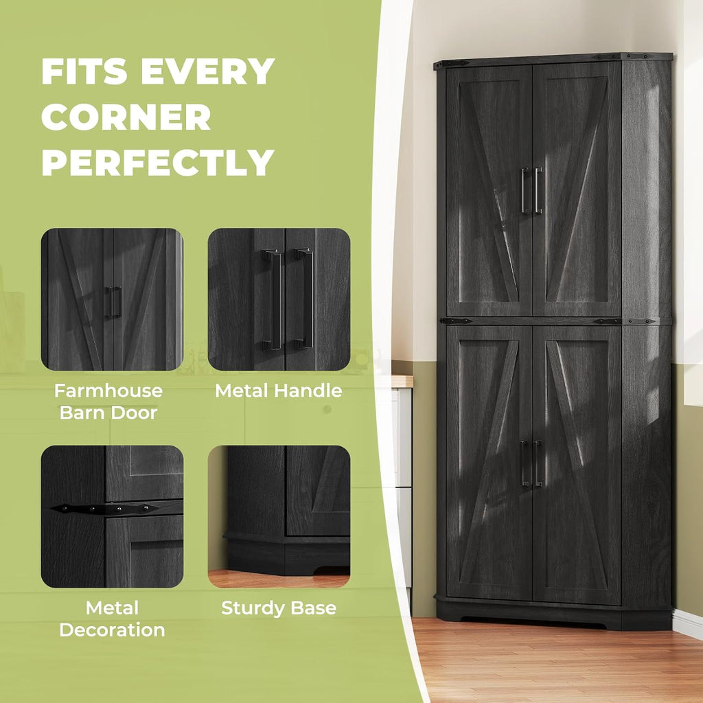 Dripex 71' Corner Cabinet Black, Farmhouse Kitchen Pantry Cabinet with Doors Storage & Adjustable Shelves, Tall Corner Storage Cabinet with LED Light, Food Pantry for Living Room, Dining Room