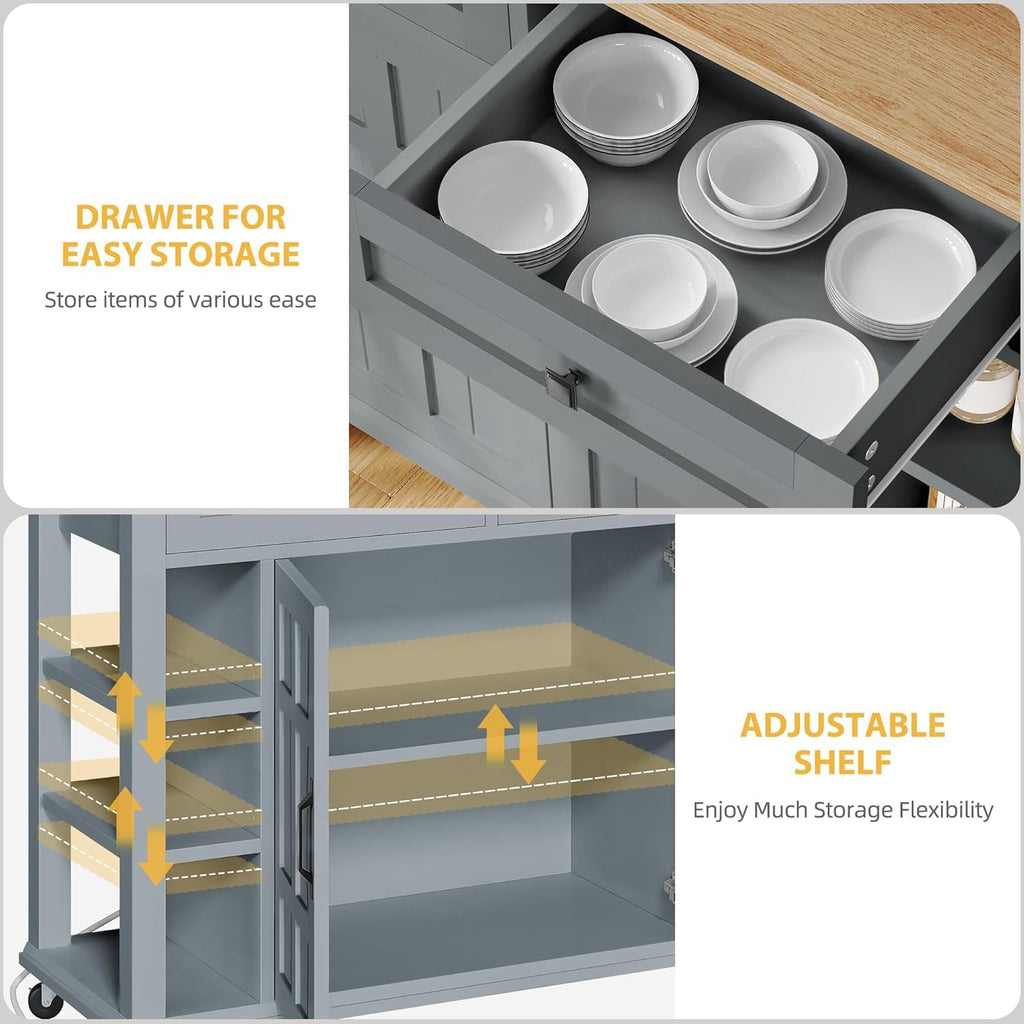 DWVO Rolling Kitchen Island with Drop Leaf, Mobile Storage Islands with Power Outlet Foldable Tabletop, 2 Drawers and Open Shelves, for Living Room, Dining Room, Blue Gray