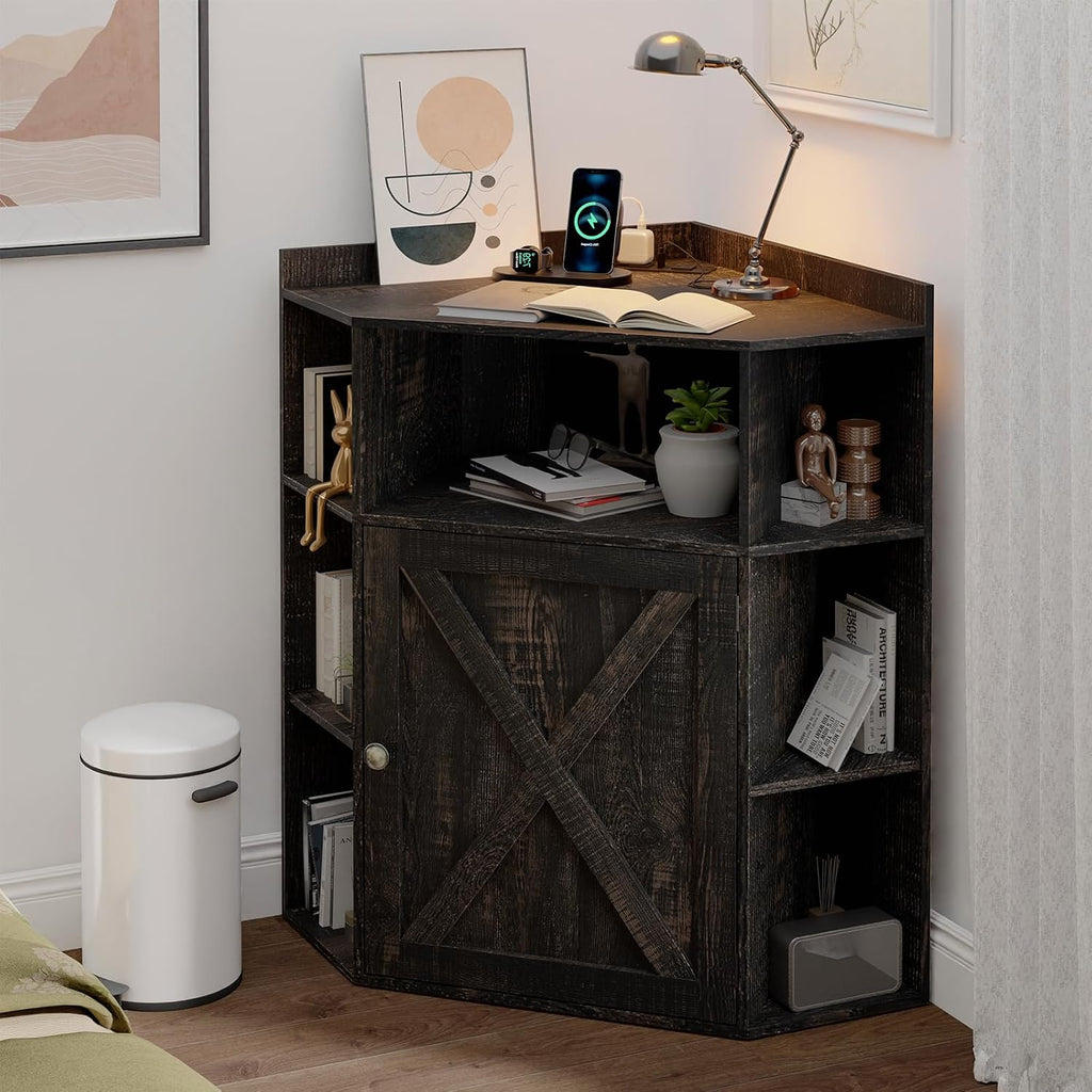 Vabches Corner Cabinet, Corner Storage Shelf with USB Ports and Outlets Industrial Organizer for Small Space Wooden 6-Cubby Bookshelf for Study, Playroom, Living Room (Dark Rustic Oak)