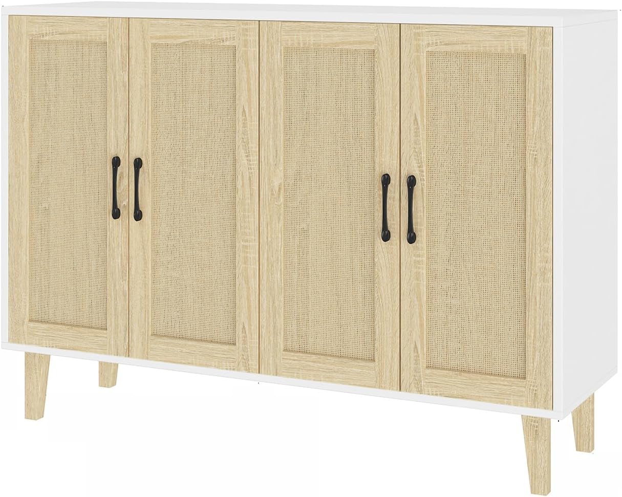 Panana Buffet Storage Cabinet with Rattan Decorating 4 Doors Living Room Kitchen Sideboard 48.43 x 34.65 x 15 inch (White)