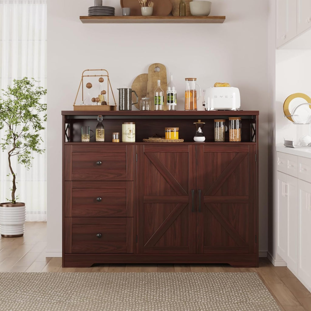 47' Dark Brown Farmhouse Storage Cabinet with Barn Doors and Drawers, Sideboard Buffet Cabinet with Storage, Kitchen Pantry Hutch, Coffee Bar Station Table for Kitchen, Living, Dining Room