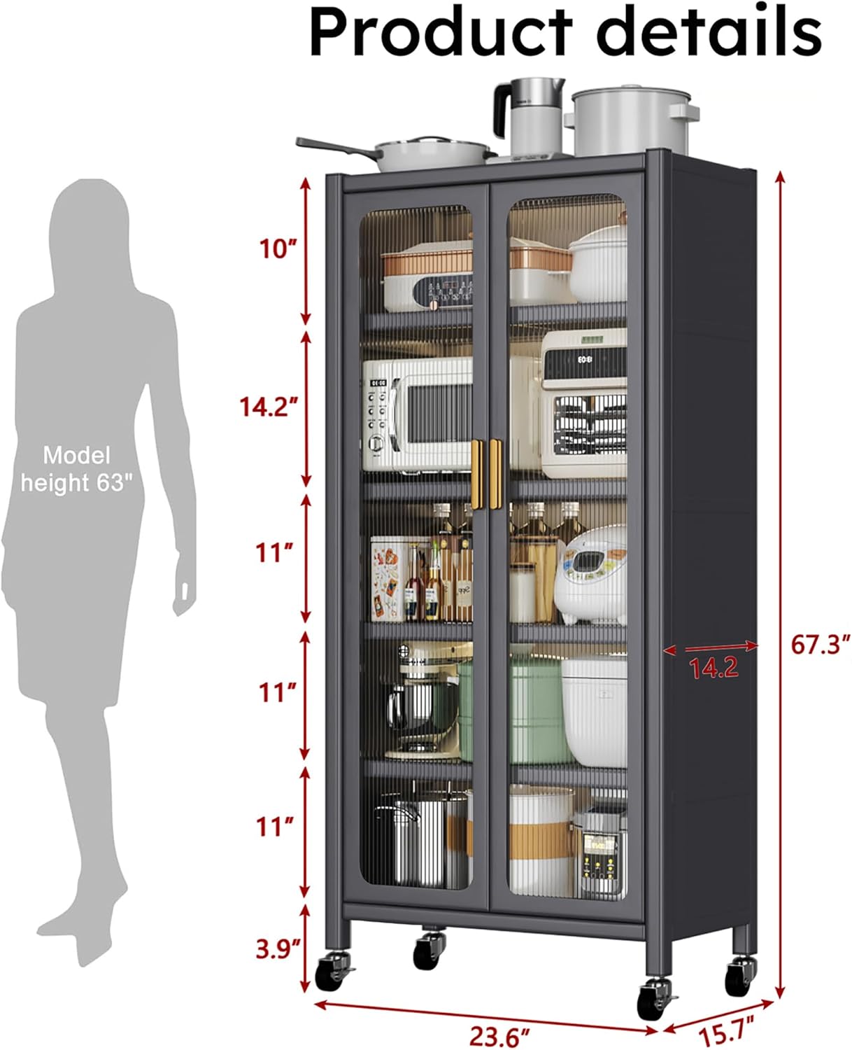 67.3' Kitchen Pantry Storage Cabinet with Magnetic Door, Adjustable Shelves & Wheels,Metal Tall Food Pantries Cabinets,for Kitchen, Living Room and Dining Room, Gray