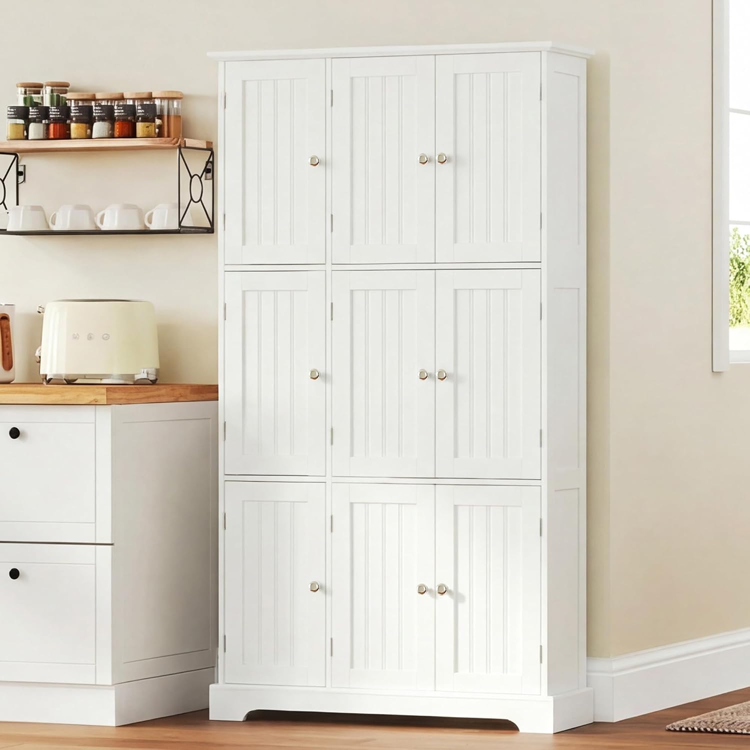 ChooChoo Bathroom Storage Cabinet with 9 Doors, Narrow Floor Cabinet with Adjustable Shelves, White Slim Pantry Cabinet for Kitchen, Bathroom, Laundry Room, Living Room