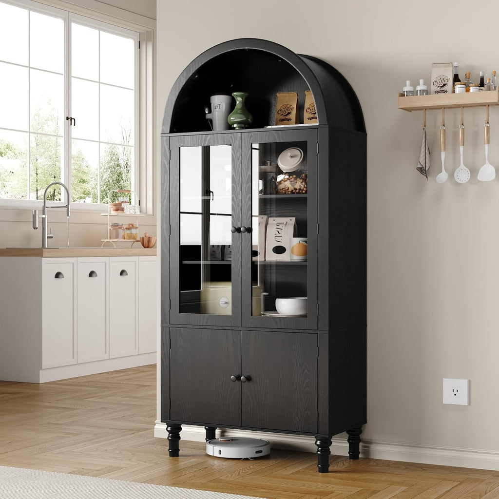 Furnify 71' Tall Arched Pantry Cabinet, Modern Kitchen Storage Cabinet with Doors, 3 Adjustable Shelves, Door Shelves, Organizer, Versatile Cupboard for Kitchen, Bathroom, Black