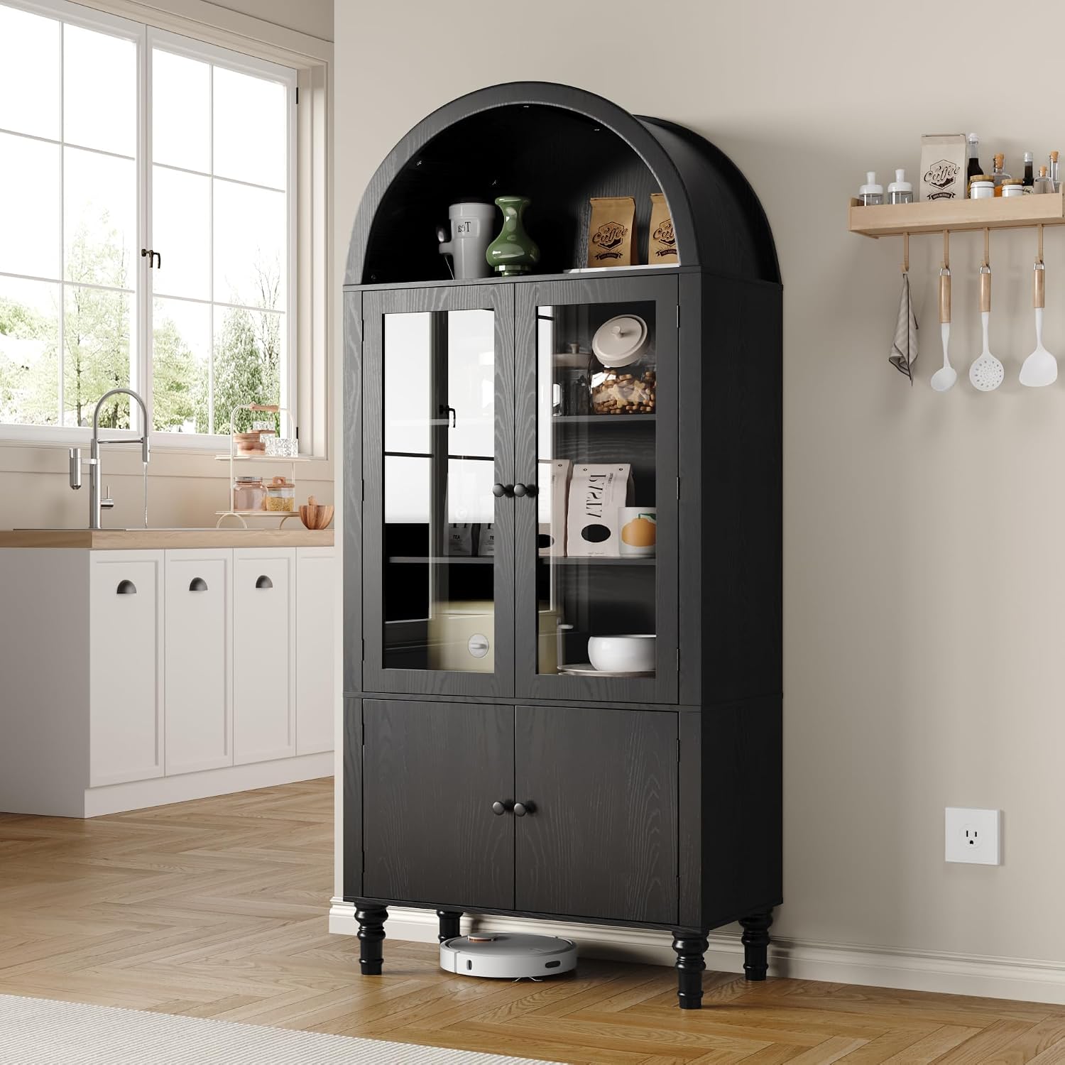 Furnify 71' Tall Arched Pantry Cabinet, Modern Kitchen Storage Cabinet with Doors, 3 Adjustable Shelves, Door Shelves, Organizer, Versatile Cupboard for Kitchen, Bathroom, Black