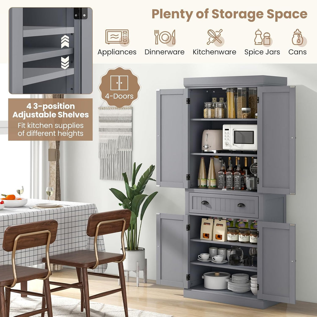 Tangkula 72' H Kitchen Pantry Cupboard Cabinet, Traditional Freestanding Large Tall Storage Cabinet with 2 Cabinets and Drawer, Adjustable Shelves, for Living Room Kitchen, 30 x 16 x 72 Inch