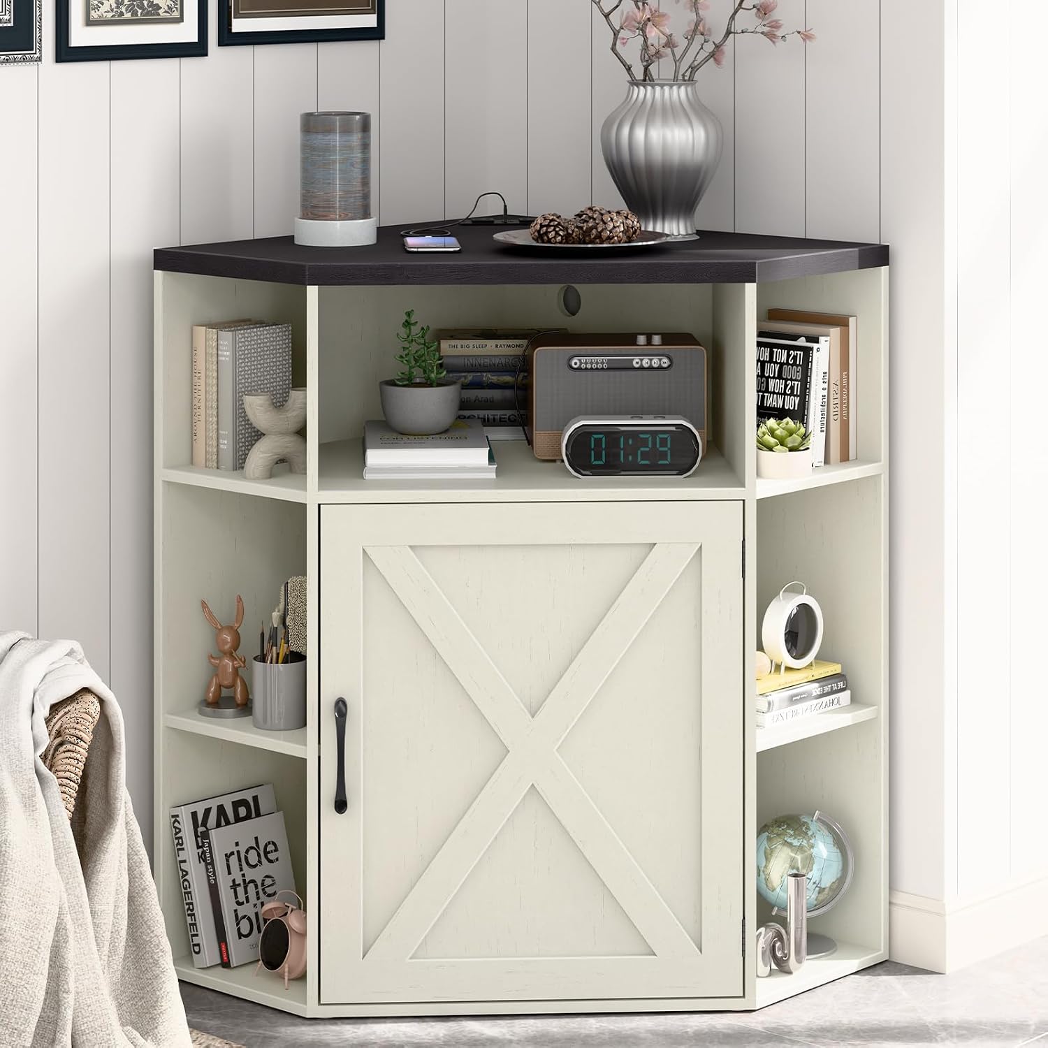 Vabches Corner Cabinet, Corner Storage Shelf with USB Ports and Outlets Industrial Organizer for Small Space Wooden 6-Cubby Bookshelf for Study, Playroom, Living Room (Rustic White and Black)