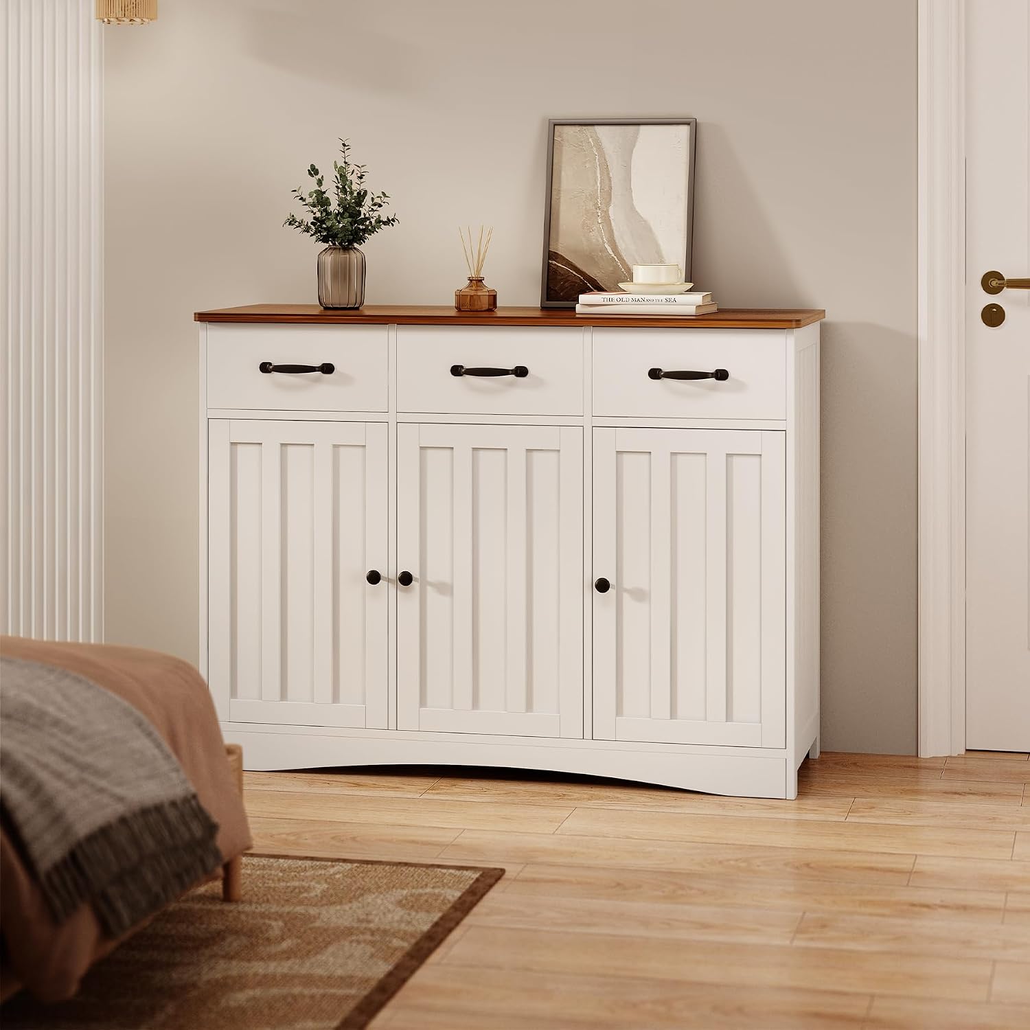 Gizoon Farmhouse Sideboard Buffet Cabinet, 42.5'' Kitchen Storage Cabinets with 3 Drawers and Barn Doors, Wood Coffee Bar Cabinet with Adjustable Shelf for Kitchen, Dining Room, Living Room, Retro