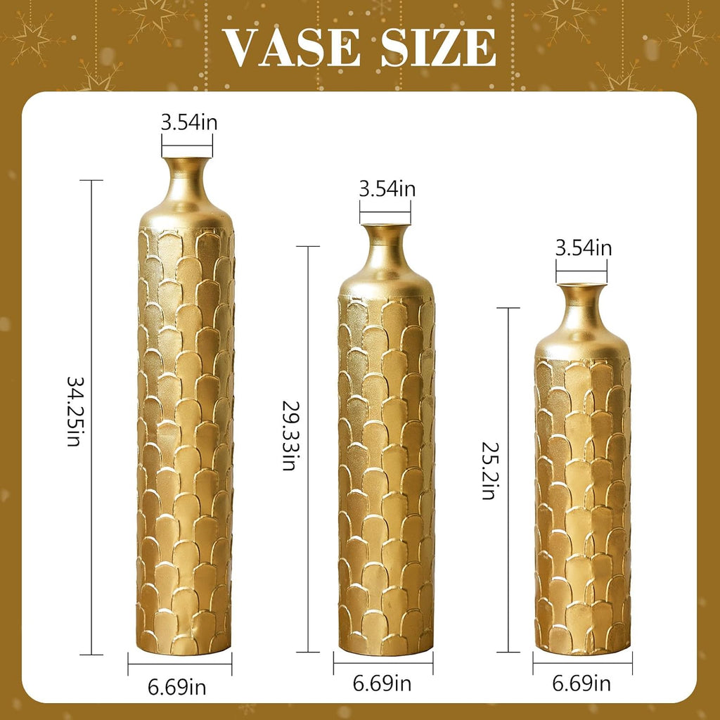 Gold Standing Vase for Floor 3 Piece Floor Vase Sets Living Room Decor Tall Large Metal Vases with Growing Vine Patterns 25.2'/29.33'/34.25' Height