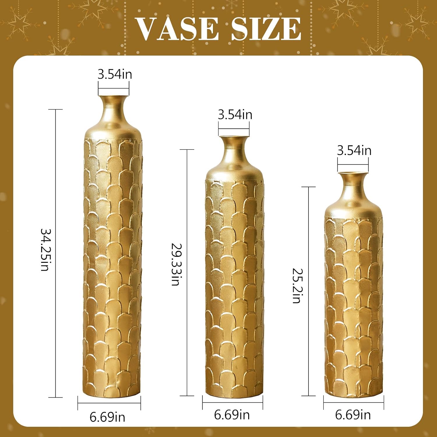 Gold Standing Vase for Floor 3 Piece Floor Vase Sets Living Room Decor Tall Large Metal Vases with Growing Vine Patterns 25.2'/29.33'/34.25' Height