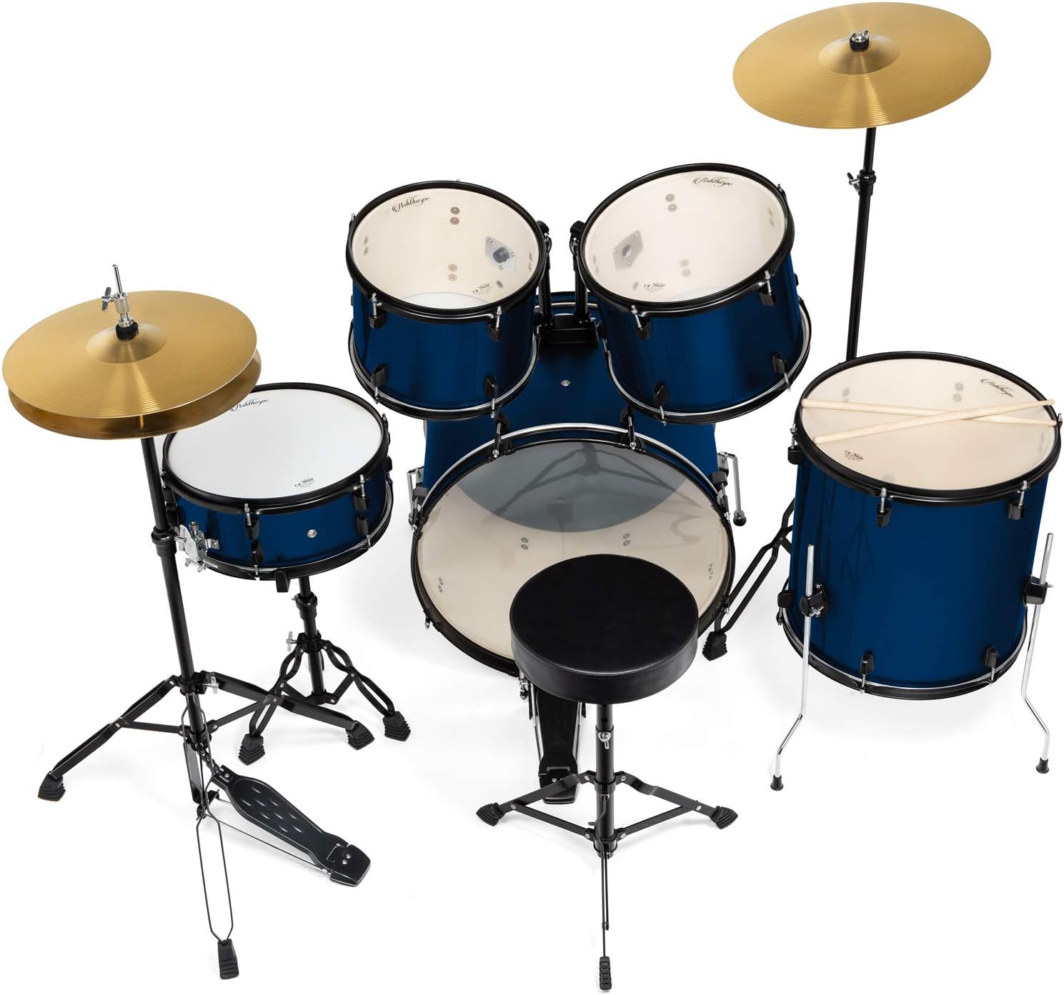 Ashthorpe 5-Piece Complete Full Size Adult Drum Set with Remo Batter Heads - Blue