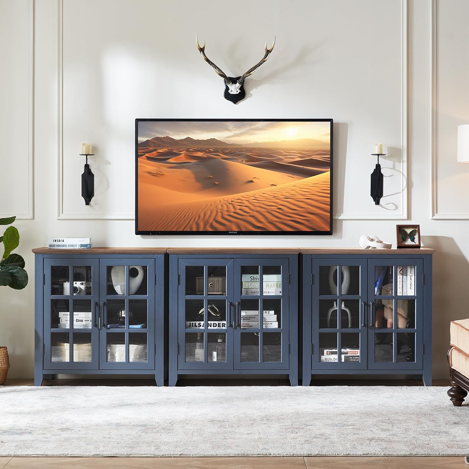 Joaxswe Large Sideboard Buffet Cabinet with Storage, 32' Farmhouse Kitchen Coffee Wine Bar Cabinet with 2 Glass Doors, Wood Mid Century Modern Side Board Table for Dining Room, Living Room, Navy Blue