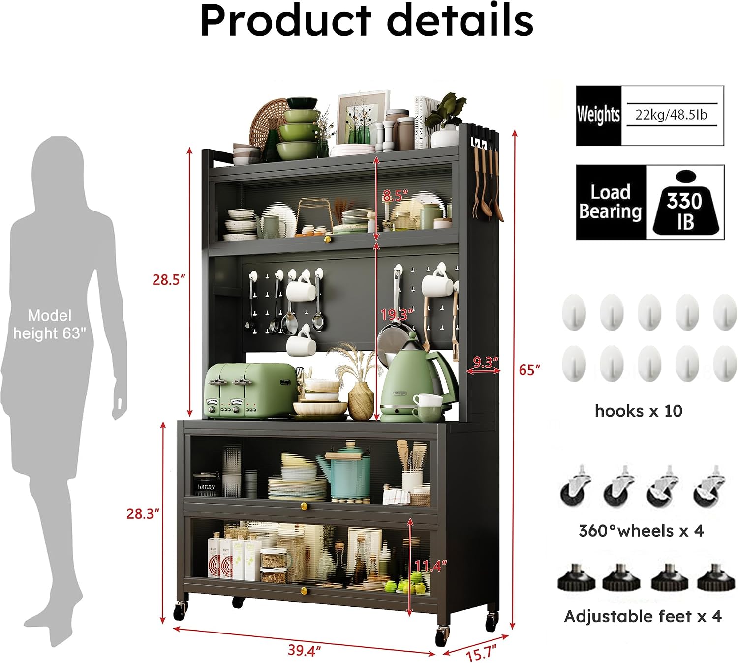 65'' Tall Kitchen Bakers Rack with Flip Door Cabinet, 5 Tier Multifunctional Microwave Stand Buffet, Coffee Bar, Quick Assembly, Gray