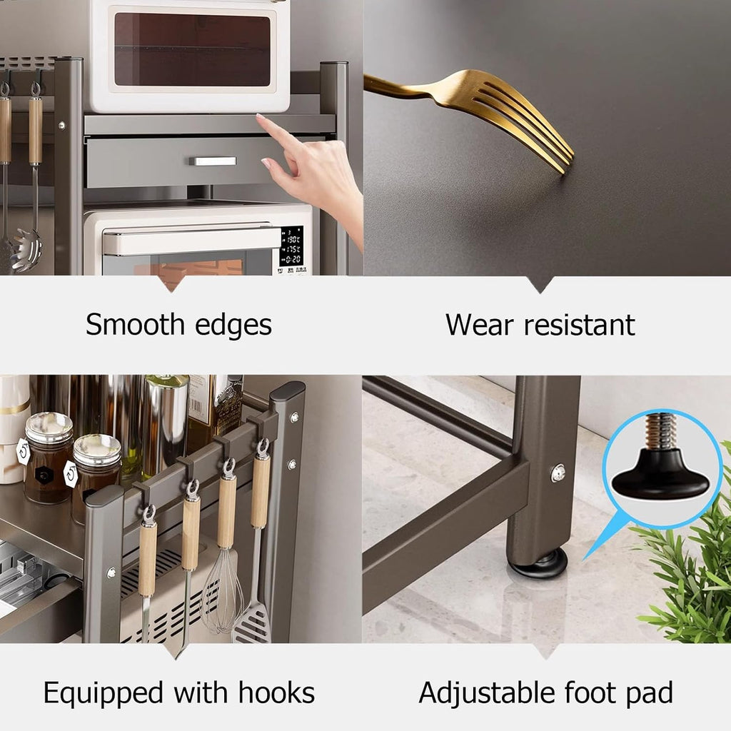 2/3 Tier Microwave Stand,Microwave Oven Rack with 4 Storage Boxes and 4 Hooks,Kitchen Bakers Rack with Sliding Drawer,Microwave Rack for Kitchen Living Dining(23.23 * 15.28 * 33.07in, A)