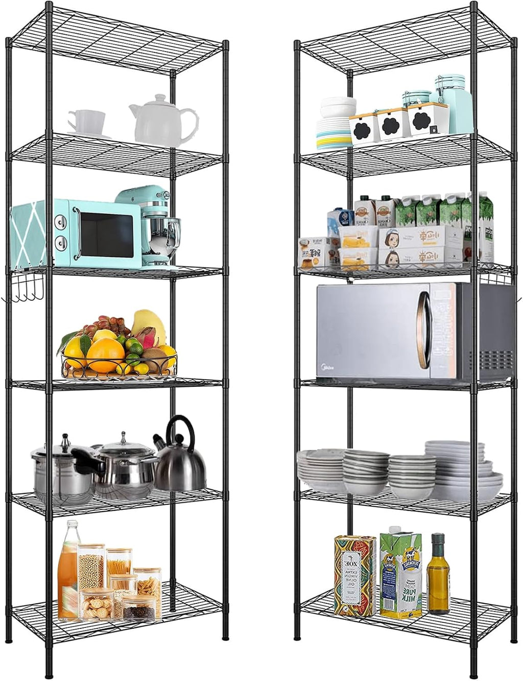 Himimi 6 Tier Storage Shelf Wire Shelving Unit Adjustable Rack Free Standing Organization with Leveling Feet, Stainless Side Hooks for Laundry Bathroom Kitchen Pantry Closet,2-Pack Shelves,Black