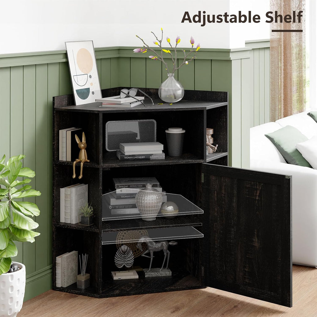 Vabches Corner Cabinet, Corner Storage Shelf with USB Ports and Outlets Industrial Organizer for Small Space Wooden 6-Cubby Bookshelf for Study, Playroom, Living Room (Dark Rustic Oak)