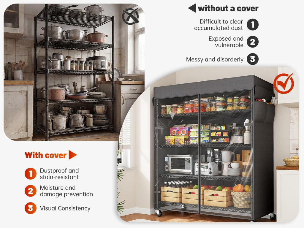 REIBII 45''W Storage Shelves with Cover & Wheels, Metal Shelving Waterproof Dustproof, Wire Shelving Unit Covers, Garage Storage Rack Wire Shelf for Kitchen Pantry, Storage Room, 45Wx17.72Dx72.83H