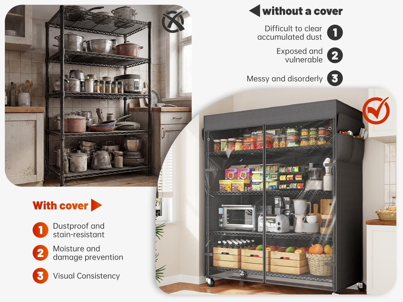 REIBII 45''W Storage Shelves with Cover & Wheels, Metal Shelving Waterproof Dustproof, Wire Shelving Unit Covers, Garage Storage Rack Wire Shelf for Kitchen Pantry, Storage Room, 45Wx17.72Dx72.83H
