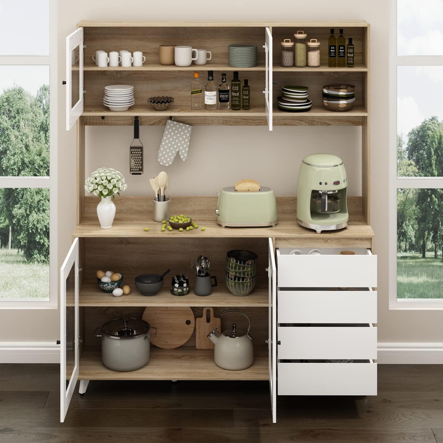 AIEGLE 63' W Large Kitchen Hutch Cabinet, Pantry Cabinets with Hutch, Freestanding Cupboard with 4 Doors, 4 Drawers & Microwave Shelf, Kitchen Storage Buffet, Wood Color (63' W x 15.7' D x 74.8' H)