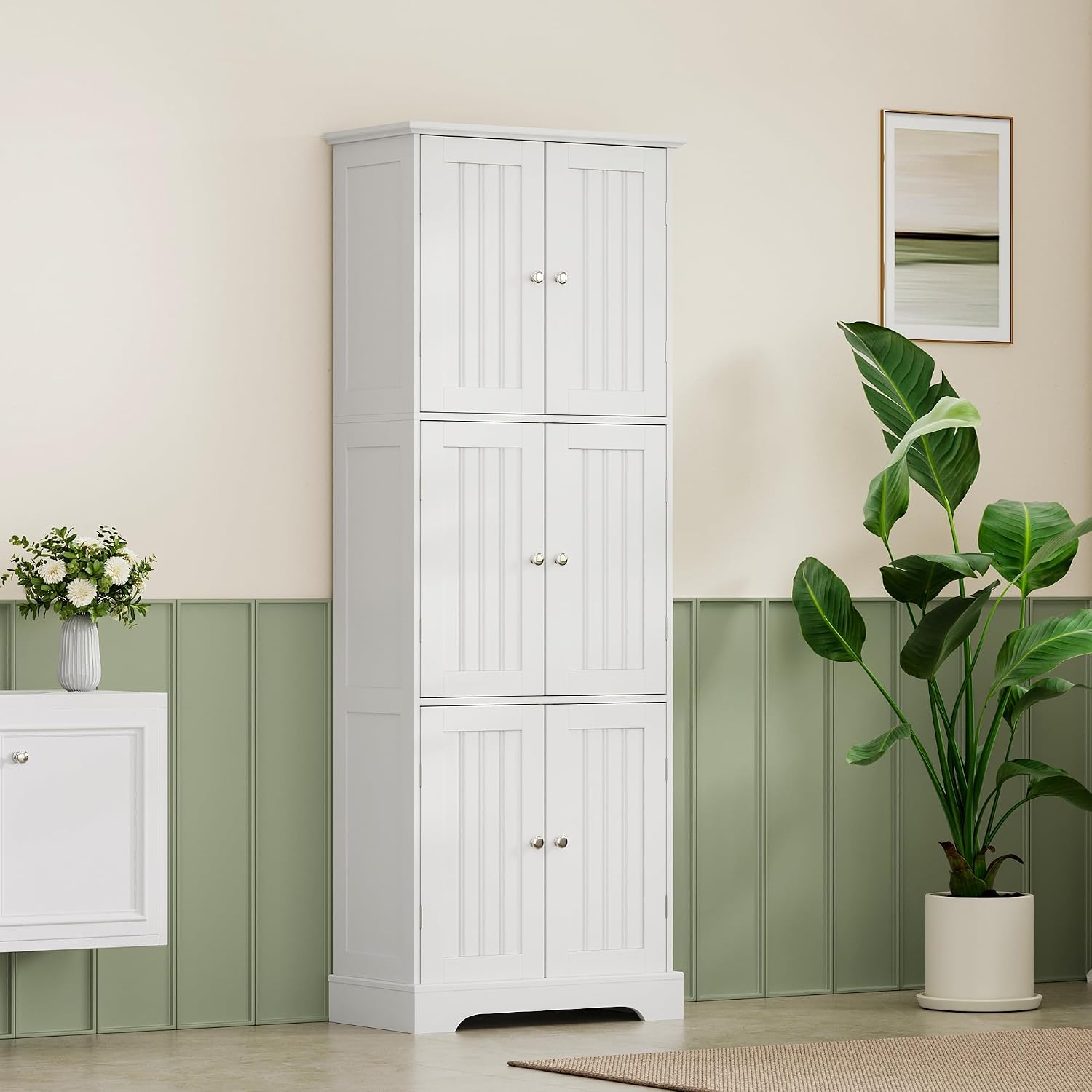 ChooChoo Tall Bathroom Storage Cabinet with 6 Doors, Freestanding Floor Cabinet with Adjustable Shelves, White Pantry Cabinet for Bathroom, Kitchen, Laundry Room