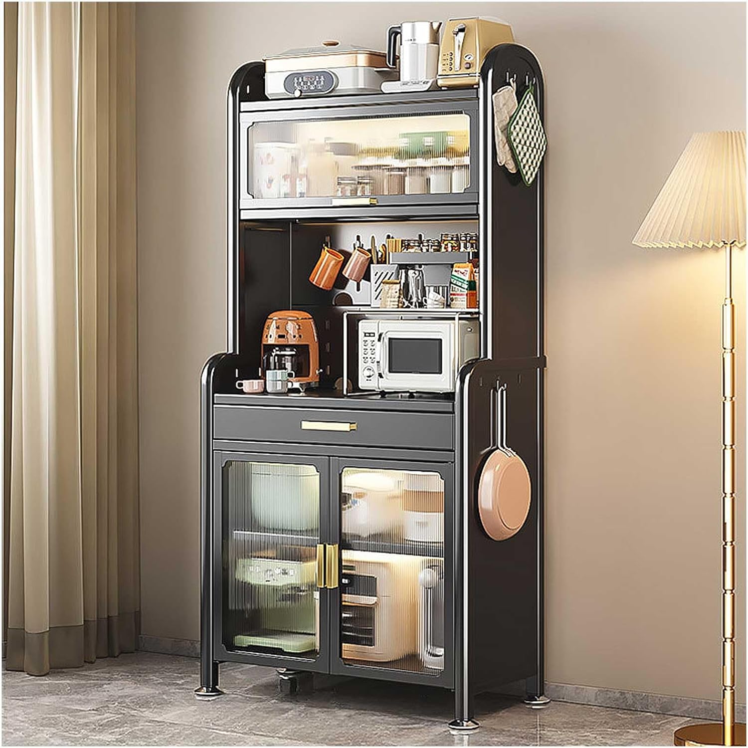 Large 5 Tier Bakers Rack with Drawer Freestanding Kitchen Stand and Coffee Bar Station Adjustable Storage Shelf Rack for Kitchen Stylish Black Design 70x23.6in Organize Your Kitchen in Style