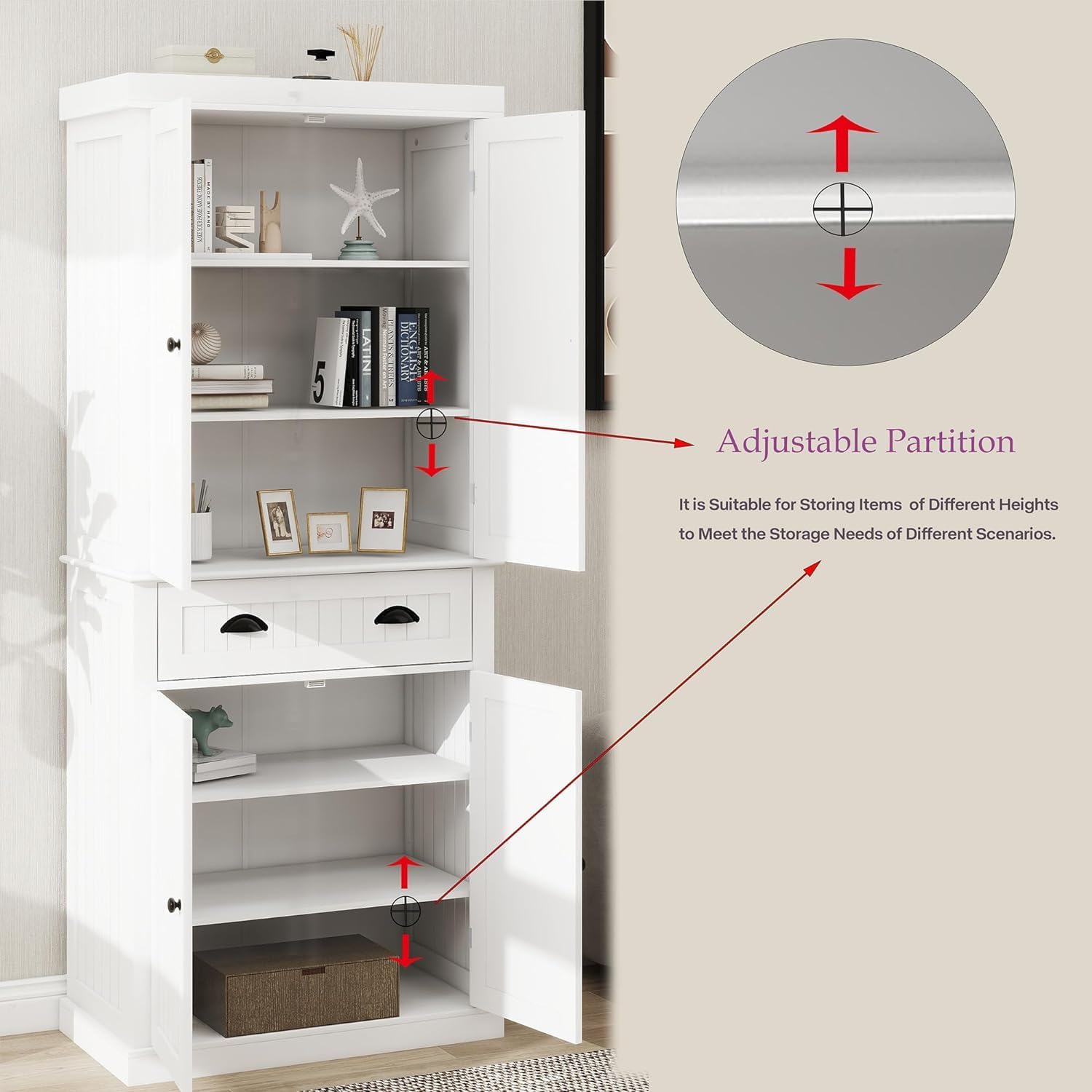 72' Adjustable-Shelf Freestanding Storage Cabinet, Kitchen Storage Bakers Rack with Drawer, Utility Food Cupboard with Anti-tip for Kitchen Dining Laundry Room, White
