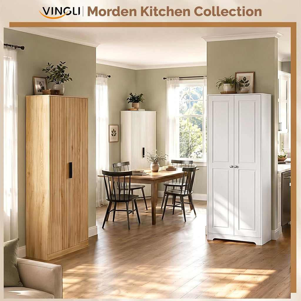 VINGLI 72' Tall Pantry Cabinet, Kitchen Pantry Storage Cabinet with 2 Doors & Adjustable Shelves, Freestanding Food Storage Cupboard for Kitchen, Dining Room, Utility Room, White
