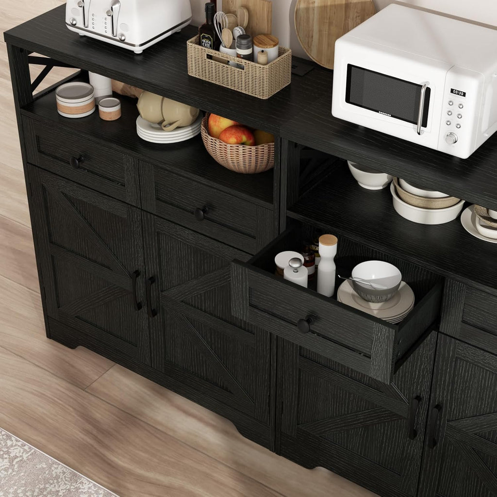 FiveWillowise 31.5' Black Storage Cabinet with Drawers and Shelf, Farmhouse Sideboard Buffet with Storage, Kitchen Pantry Hutch, Coffee Bar Cabinet Station Table for Kitchen, Living, Dining Room