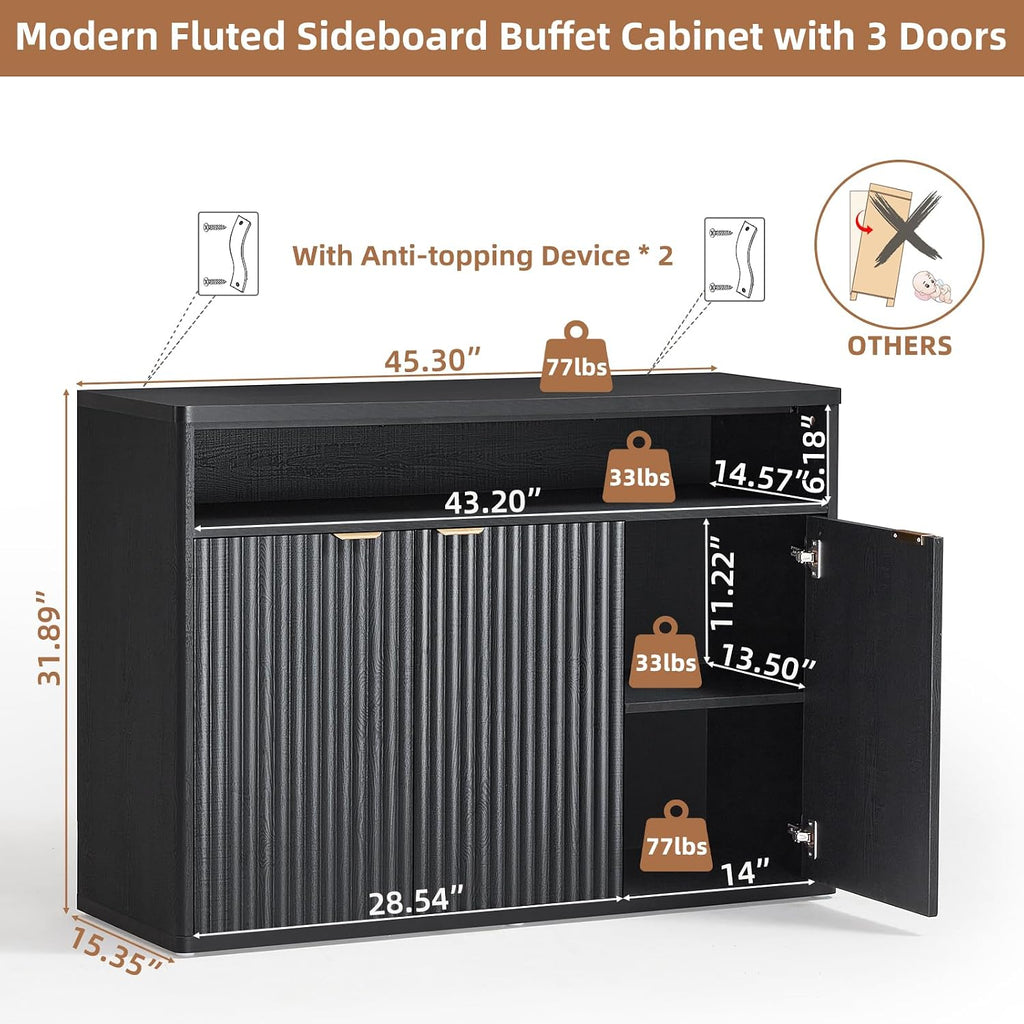 LEYAOYAO Fluted Buffet Cabinet with Storage, 45' Wide Wood Sideboard Credenza with 3 Doors & Open Storage Shelf, Modern Kitchen Console Accent Cabinets, Coffee Bar Table for Dining Room, Black Oak