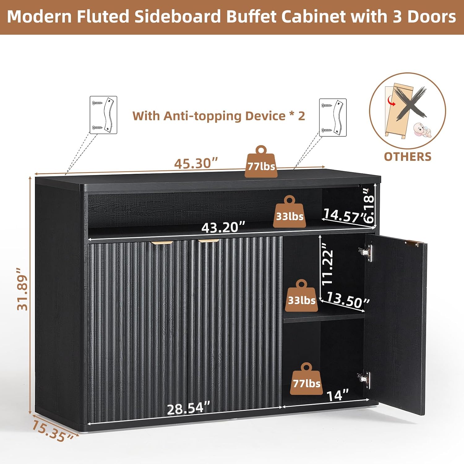 LEYAOYAO Fluted Buffet Cabinet with Storage, 45' Wide Wood Sideboard Credenza with 3 Doors & Open Storage Shelf, Modern Kitchen Console Accent Cabinets, Coffee Bar Table for Dining Room, Black Oak