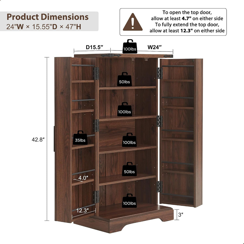 ACCOHOHO 47' Kitchen Pantry, Farmhouse Storage Cabinet with Barn Doors, Organizer and Adjustable Shelves, Rustic Wood Cupboard for Kitchen, Dining Room, Bathroom and Hallway, Brown