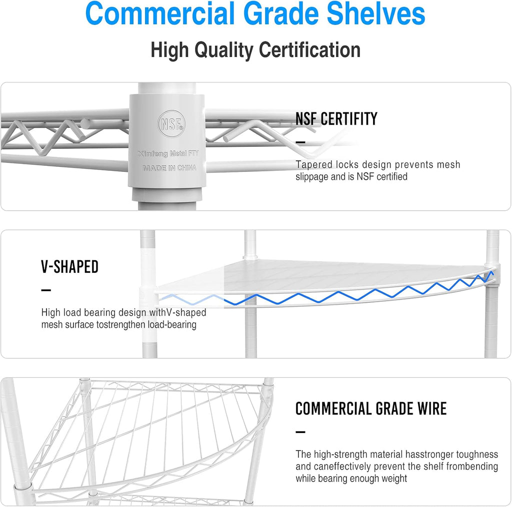6 Tier NSF Corner Wire Shelf Shelving Unit, 18 x 18 x 72 Inch 420lbs Capacity Heavy Duty Adjustable Metal Storage Rack with Leveling Feet & Shelf Liners for Office Kitchen Bathroom and More - White