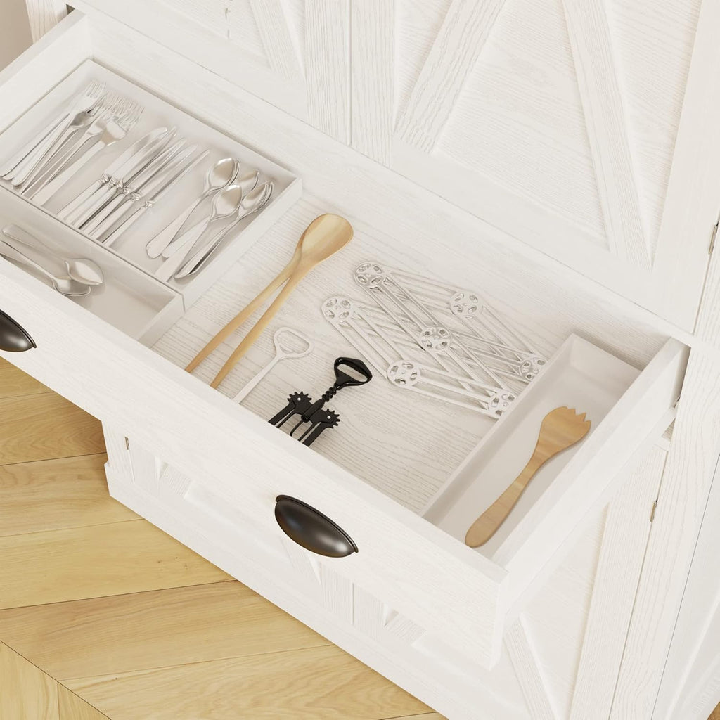 IRONCK Kitchen Pantry Storage Cabinet 72.6' H x 24' W, with Barn Doors, Drawer, 4 Adjustable Shelves, Freestanding Cupboard, Laundry, White
