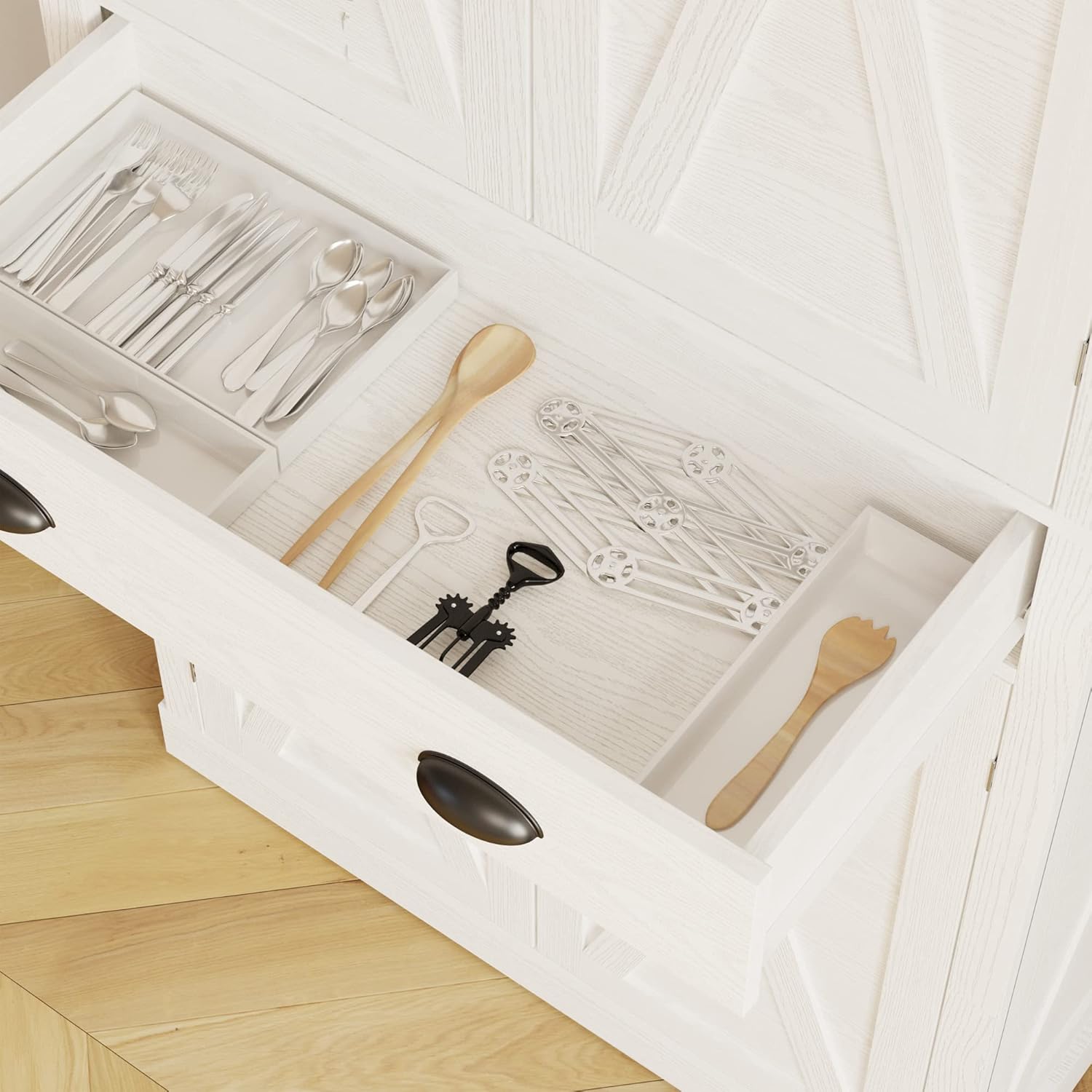 IRONCK Kitchen Pantry Storage Cabinet 72.6' H x 24' W, with Barn Doors, Drawer, 4 Adjustable Shelves, Freestanding Cupboard, Laundry, White