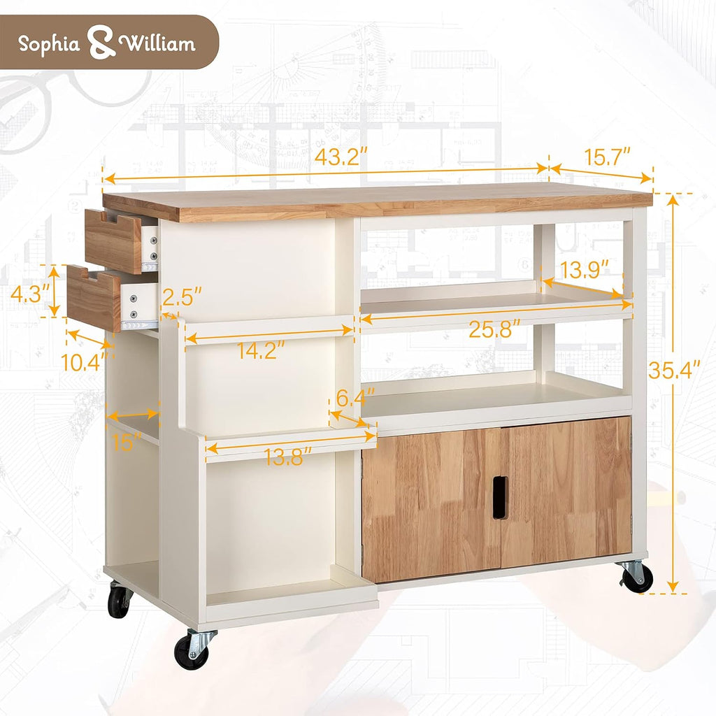 Sophia & William Kitchen Island Cart on Wheels, Rolling Kitchen Trolley with Rubber Wood Tabletop, Storage Drawers, Cabinet and Open Shelves